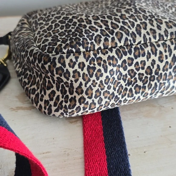 Clare V. Midi Sac Crossbody In Leopard Suede With Red/Navy Strap Bags